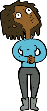 Bir insan tarafından çizilmiş yukarı bakan çizgi film kadını.