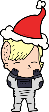 Bir insan tarafından çizilmiş fütürist kıyafetler giyen ve Noel Baba şapkası takan bir kızın el çizimi.