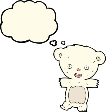 Bir insan tarafından çizilmiş düşünce baloncuklu oyuncak ayı yavrusu.