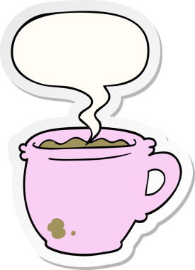 Bir insan tarafından çizilmiş konuşma balonu çıkartmalı bir fincan sıcak kahve.