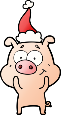 Bir insan tarafından çizilmiş Noel Baba şapkası takan bir domuzun gradyan çizimi.
