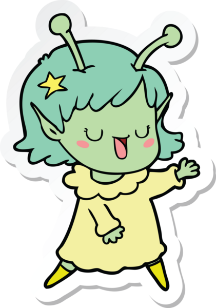 Bir insan tarafından çizilmiş mutlu uzaylı kız çizgi filminin çıkartması.