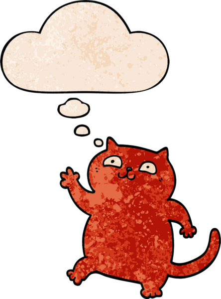 Bir insan tarafından çizilmiş grunge desenli düşünce baloncuklu çizgi film kedisi.