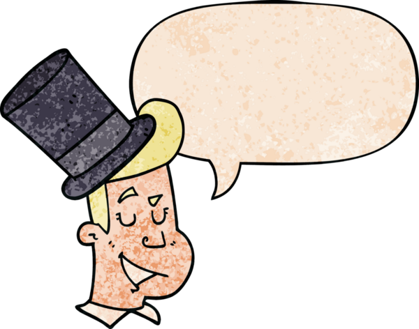 Çizgi film adamı şapkalı ve konuşma baloncuklu eski moda bir insan tarafından çizilmiş.