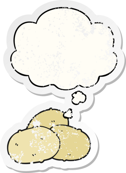 Düşünce baloncuklu patatesler insan tarafından çizilmiş yıpranmış bir çıkartma.