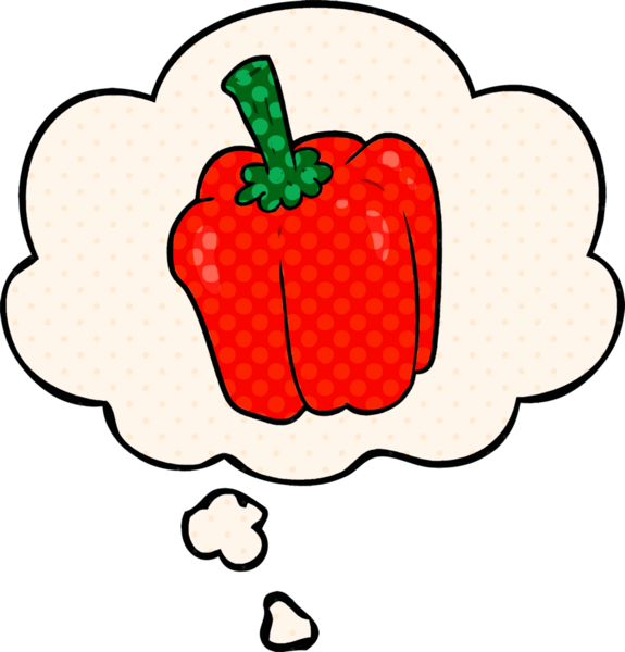 Bir insan tarafından çizilmiş çizgi roman tarzında düşünce baloncuklu karikatür biberi.