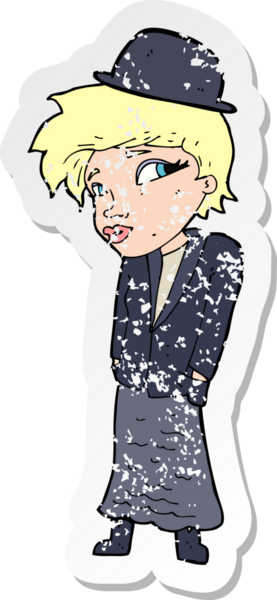 Bir insan tarafından çizilmiş melon şapkalı karikatür kadın etiketi.