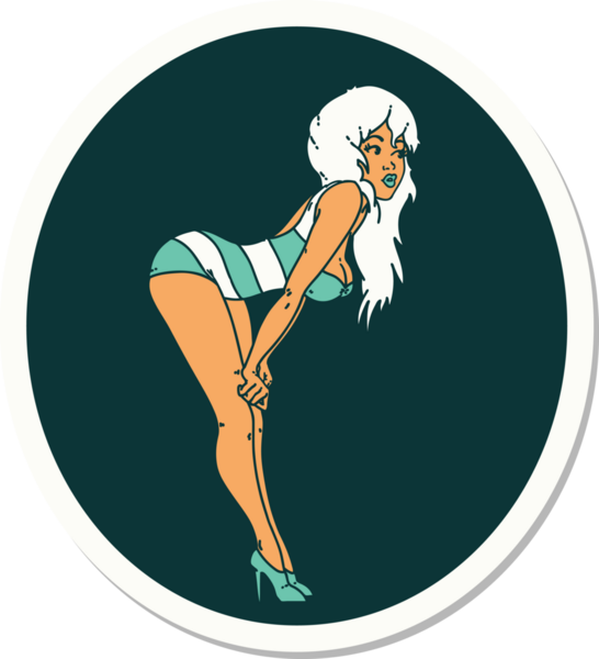 Bir insan tarafından çizilmiş yüzme kostümlü bir kızın geleneksel stil dövme çıkartması.