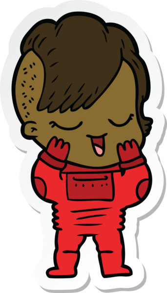 Bir insan tarafından çizilmiş uzay elbisesi içindeki mutlu çizgi film kızına ait çıkartma.