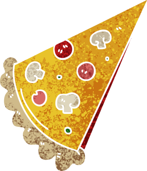 Retro illüstrasyon tarzı, bir insan tarafından çizilmiş tuhaf bir pizza dilimi.