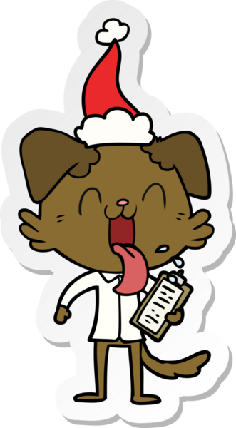 Bir insan tarafından çizilmiş Noel Baba şapkası takan nefes nefese bir köpeğin el yazısı.