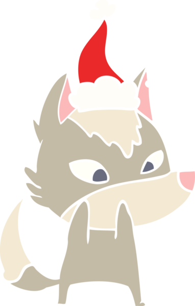 Utangaç el çizimi düz renk çizimi. Bir insan tarafından çizilmiş Noel Baba şapkası takan bir kurt resmi.