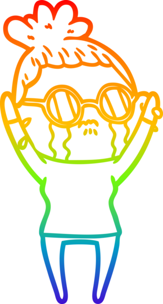 Gökkuşağı gradyan çizgi çizimi. Bir insan tarafından çizilmiş gözlük takan ağlayan bir kadın.