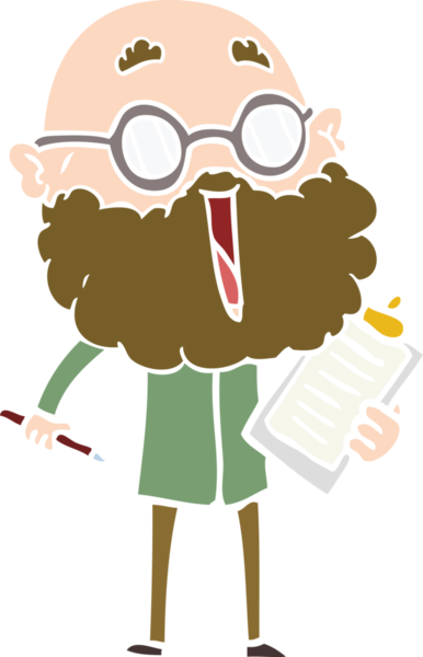 Düz renkli karikatür, neşeli, sakallı bir insan tarafından çizilmiş.