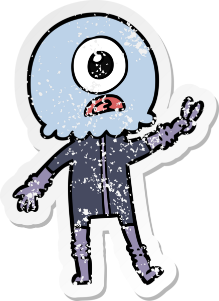 Bir insan tarafından çizilmiş barış işareti veren uzaylı bir Tepegöz 'ün sıkıntılı çıkartması.