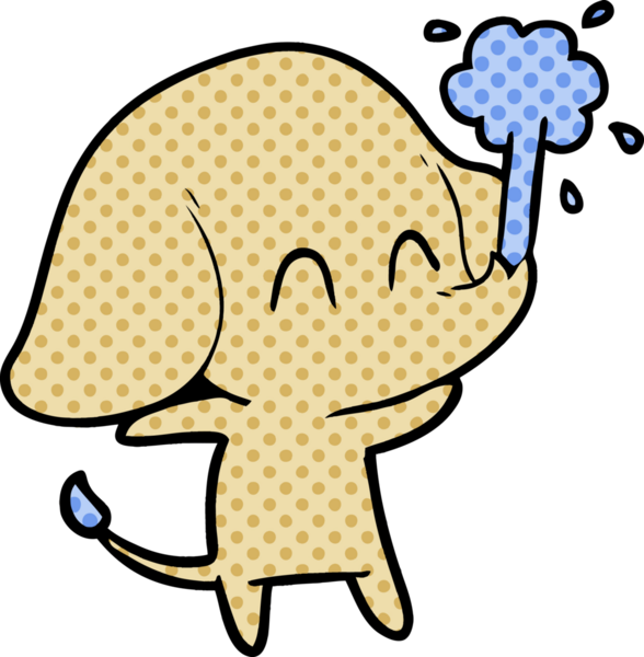 Bir insan tarafından çizilmiş su püskürten sevimli bir fil.