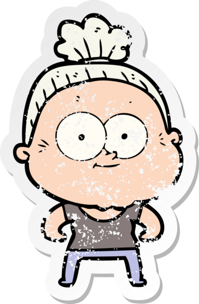 Bir insan tarafından çizilmiş mutlu, yaşlı bir kadının sıkıntılı çıkartması.