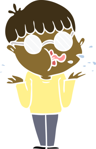 Düz renkli çizgi film karakteri gözlüklü, omuz silken bir insan tarafından çizilmiş.