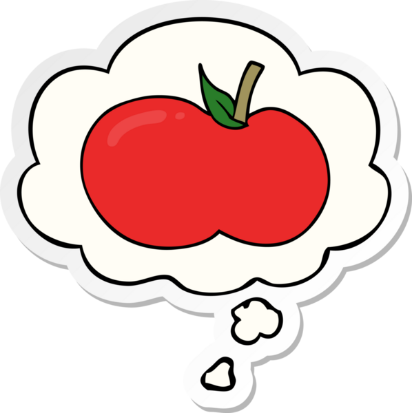insan tarafından çizilmiş bir çıkartma olarak düşünce baloncuklu çizgi film elması.