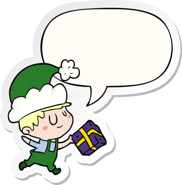 Mutlu noel elfi. Yanında bir insan tarafından çizilmiş konuşma balonu çıkartması var.