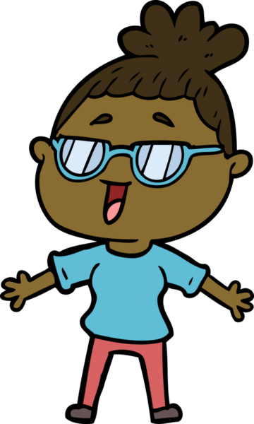 Bir insan tarafından çizilmiş gözlüklü mutlu kadın çizgi filmi.