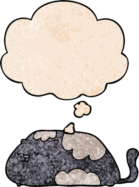 Bir insan tarafından çizilmiş grunge desenli düşünce baloncuklu çizgi film kedisi.