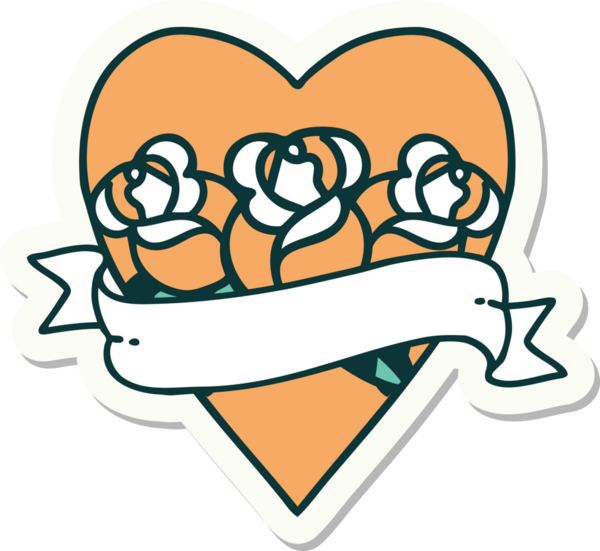 Geleneksel kalp stili dövme çıkartması ve bir insan tarafından çizilmiş çiçekli pankart.