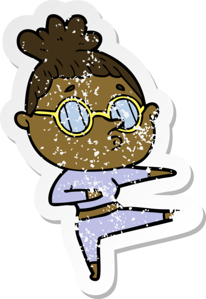 Bir insan tarafından çizilmiş gözlük takan karikatürlü bir kadının sıkıntılı çıkartması.