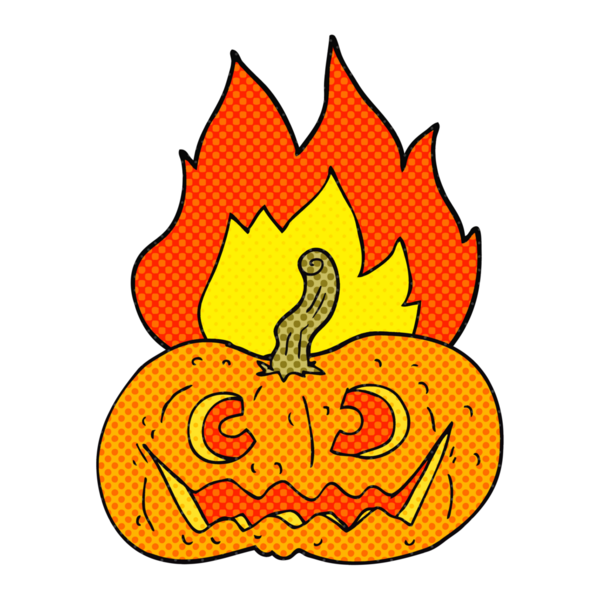 Bir insan tarafından çizilmiş alevli cadılar bayramı balkabağı çizgi filmi.