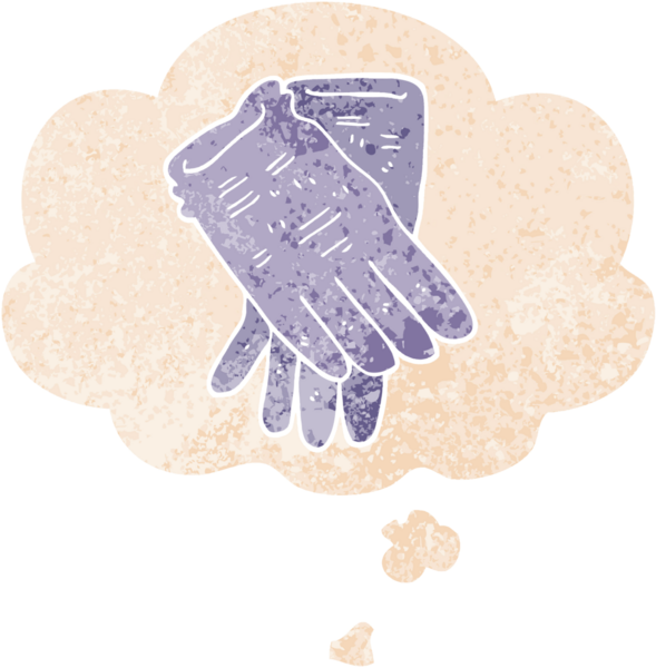 Karikatür bahçe eldivenleri. Düşünce baloncuğu, grunge, sıkıntılı retro dokuma tarzı bir insan tarafından çizilmiş.