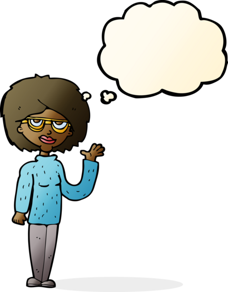 Bir insan tarafından çizilmiş düşünce baloncuğuyla el sallayan çizgi film kadını.