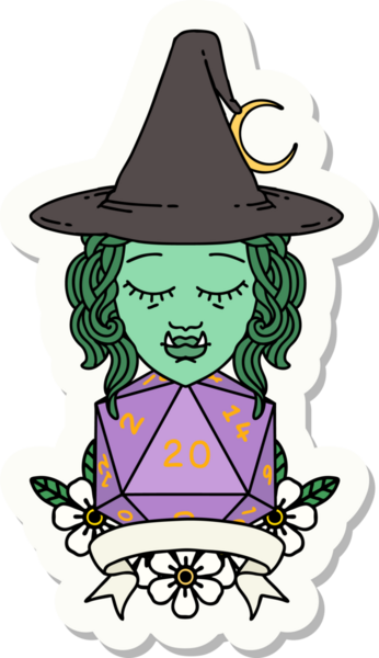 Bir insan tarafından çizilmiş doğal 20 zarlı yarım ork cadı karakterinin çıkartması.