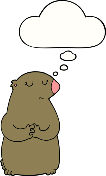 Bir insan tarafından çizilmiş düşünce baloncuğu olan sevimli çizgi film ayısı.