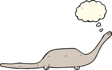 Bir insan tarafından çizilmiş düşünce baloncuklu bir dinozor.