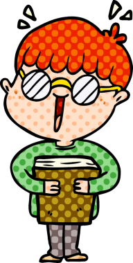 Çizgi filmci çocuk ve kitap bir insan tarafından çizilmiş.