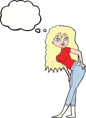 Bir insan tarafından çizilen düşünce baloncuğuna şaşırmış gibi görünen çekici bir kadın.