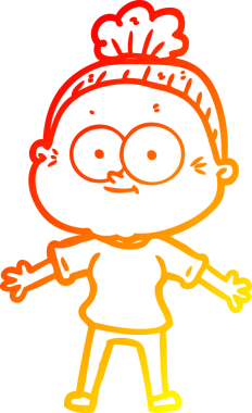 Bir insan tarafından çizilmiş mutlu, yaşlı bir kadının sıcak çizgi çizimi.