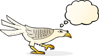 Bir insan tarafından çizilmiş düşünce baloncuklu çizgi film kuşu.