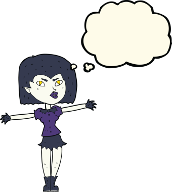 Bir insan tarafından çizilmiş düşünce balonlu vampir kız.