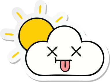 Bir insan tarafından çizilmiş şirin bir karikatür güneş ışığı ve bulut çıkartması.