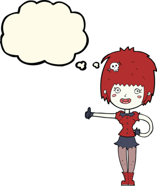 Bir insan tarafından çizilmiş düşünce baloncuğuyla işaret veren vampir kız.