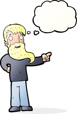 Bir insan tarafından çizilmiş düşünce baloncuğuyla işaret eden sakallı bir çizgi film adamı.