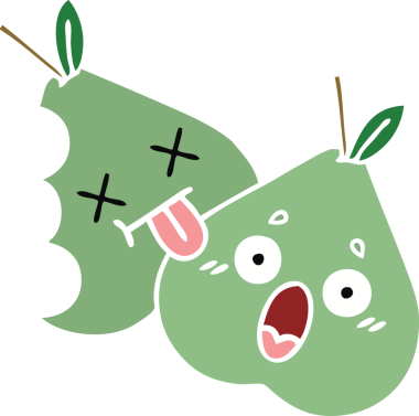 Bir insan tarafından çizilmiş yeşil bir armutun düz renkli retro karikatürü