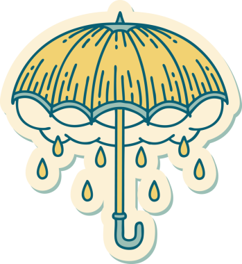 Bir insan tarafından çizilmiş geleneksel bir şemsiye ve fırtına bulutu stili dövme çıkartması.