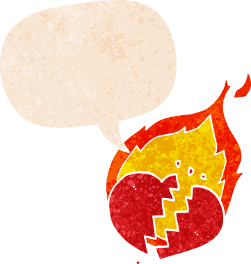 Konuşması kabarcıklı karikatür alev alev yanan kalp grunge sıkıntılı retro dokuma bir insan tarafından çizilmiş