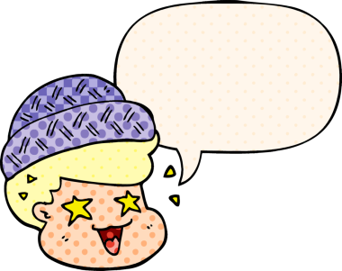 Çizgi roman tarzında konuşan şapkalı çocuk bir insan tarafından çizilmiş.