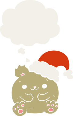 Bir insan tarafından çizilmiş düşünce baloncuğu olan şirin bir çizgi film Noel ayısı.