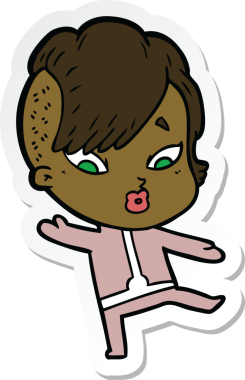 Bir insan tarafından çizilmiş bilim kurgu elbiseli bir kızı şaşırtan bir çizgi film çıkartması.