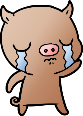 Çizgi film domuzu ağlıyor ve bir insan tarafından çizilmiş el sallıyor.