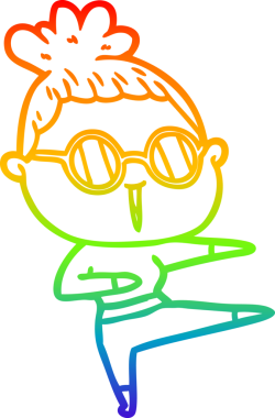 Bir insan tarafından çizilmiş gözlük takan bir karikatür kadının çizimi.